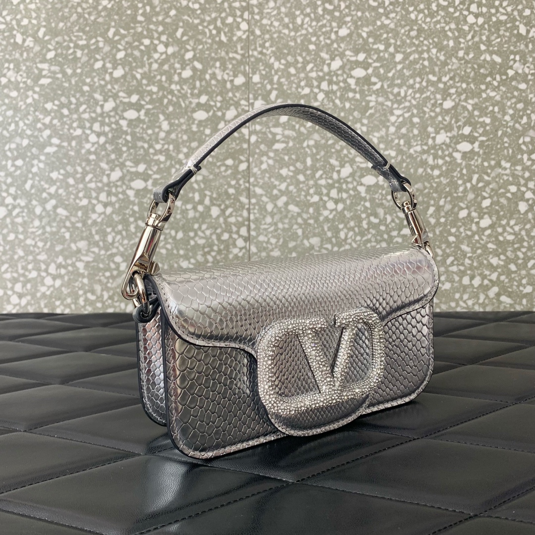 Valentino Garavani Loco Small Shoulder Bag in Silver Snake Grain Calfskin Leather 